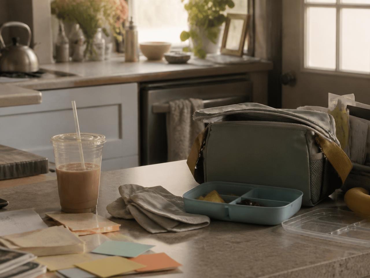 A kitchen counter scattered with a lunchbox, an iced coffee, and paperwork
