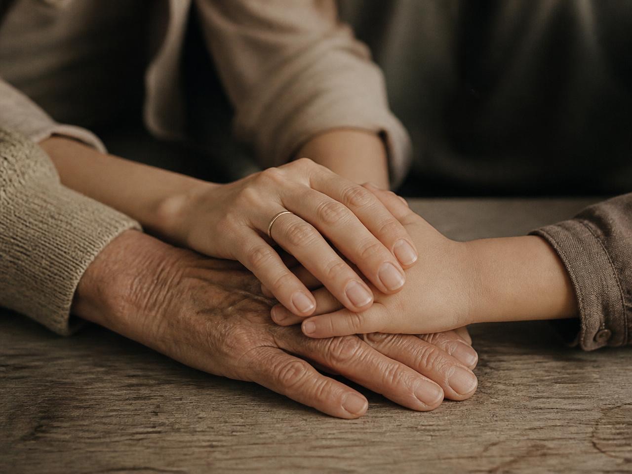 Three generations of hands resting together on a wooden table